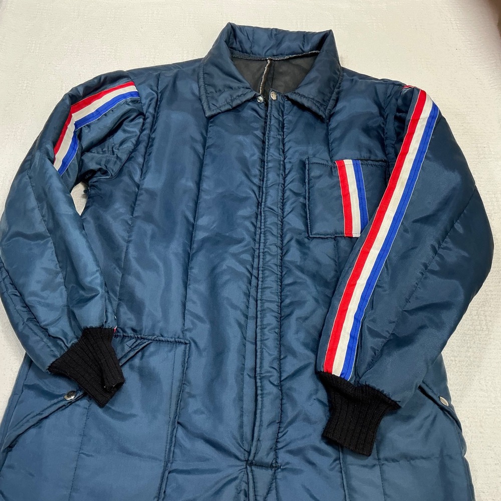 Vintage Navy Blue Insulated Snow Suit Mens Med Racing Stripe Made in USA RN42574